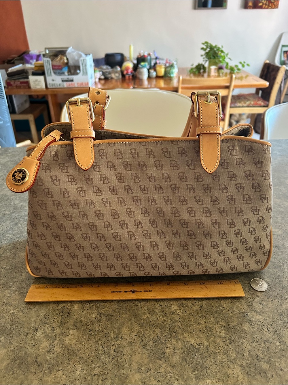 👜 Vintage [Dooney & Bourke] Signature Logo Canvas Buckle Satchel Bag Tan Leather
